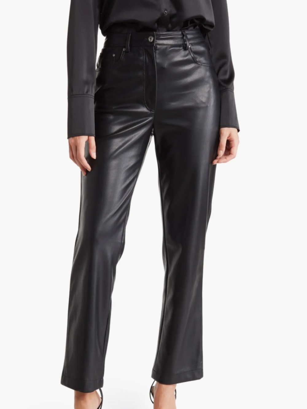 Avec Les Filles Faux Leather Black Straight Leg Coated Vegan Leather Ankle Pants